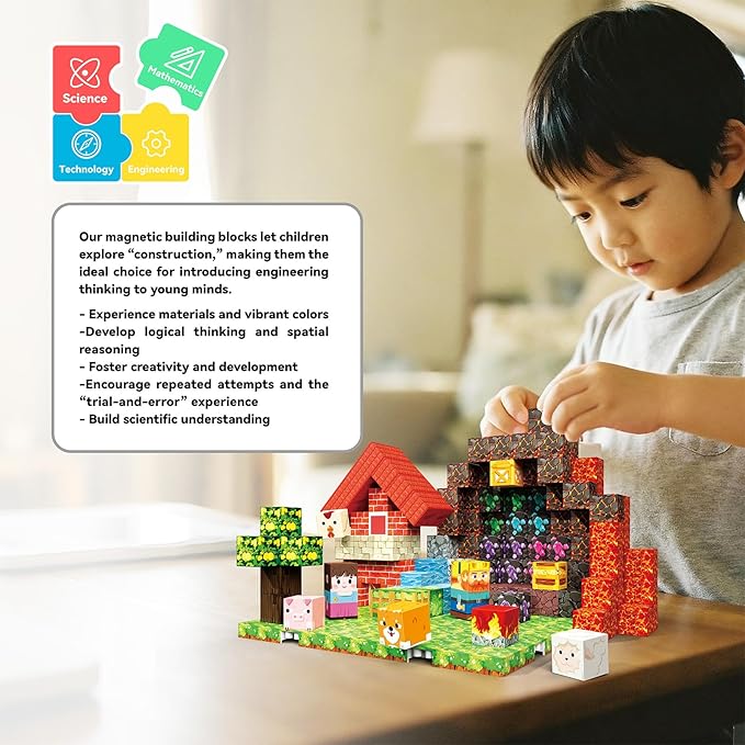 150 PCS Magnetic Blocks, Magnetic Building Blocks Cubes, Farm Magnet Toys for Kids Ages 3+, Magnet Blocks with 4 Bottom Plate for Boys, STEM Toys & Ideal Christmas Birthday Gift