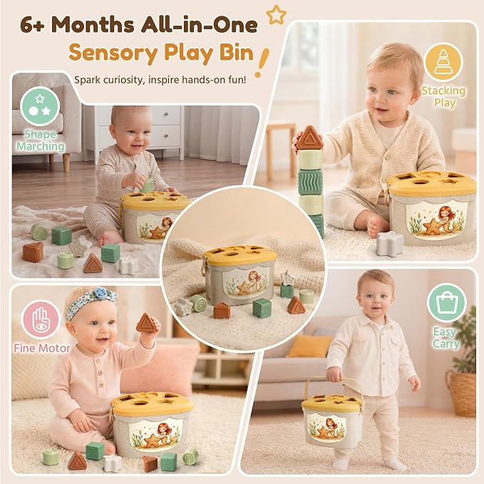 Baby Toys for 6-12 Months, Montessori Toys for Babies 6 Months+ | Shape Sorter, Stacking Rings, Sensory Baby Blocks, Educational Montessori Toys for 6+ Months, Neutral Baby Birthday Gift Set