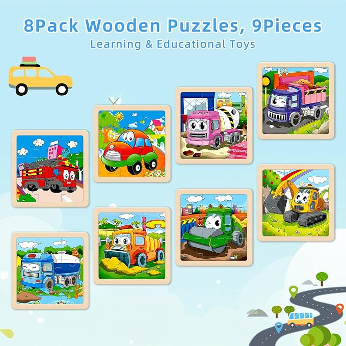 Wooden Puzzles for Toddlers 2-4, 8 Pack Vehicle Car Construction Jigsaw Puzzles for Kids Ages 3-5, 9 Pieces Puzzles for Kids Ages 4-6 Preschool Educational Toys Gift for Boys Girls