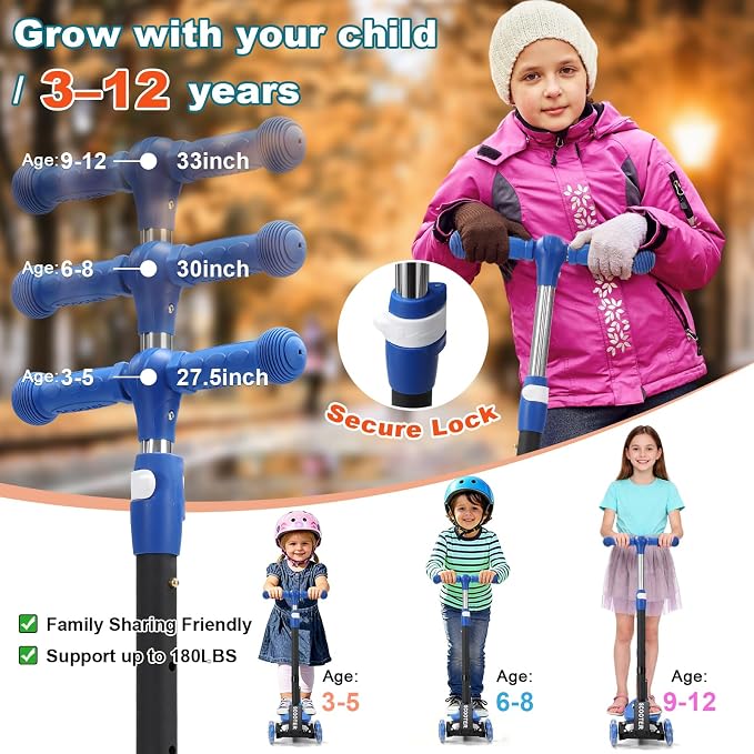 3 Wheel Kids Kick Scooter for Ages 3-12, Lean-to-Steer, Light-Up Wheels, 3-Level Adjustable Handlebar 27.5”-33”, Wide Non-Slip Deck, Dual Rear Brake,Travel Foldable, for Boys & Girls Toy Gifts