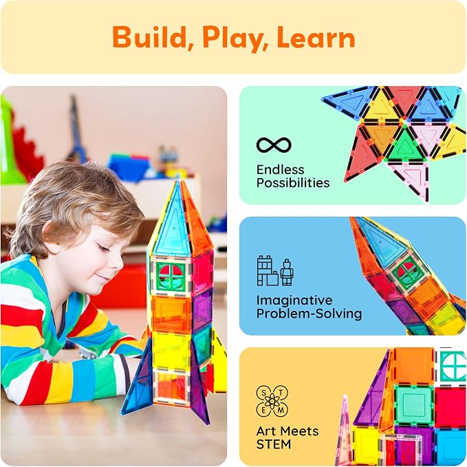 PicassoTiles Magnetic Tiles Rocket Set Construction Toy Magnet Building Block Engineering STEM Learning Child Brain Development Stacking Kit Window Door Playboard for All Ages 3 and Up PT36B