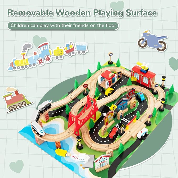 INFANS Train Table, 80 Pieces Wooden Kids Activity Toy Table Playset with Reversible Detachable Tabletop, Tracks, Train, Railway, City, Gift for Toddler Boys Girls Ages 3+ (32.5" x 23.5" x 16")