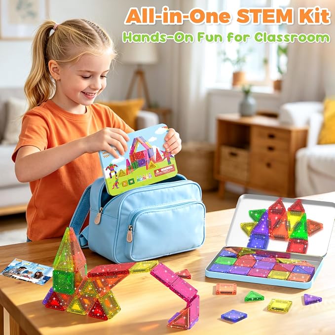 46PCS Glitter Magnetic Tiles, Mini Magnetic Tiles Travel Set with Storage Case, Portable Magnetic Blocks Building Toys for Toddlers Kids Ages 3+ Classroom Learning Toys for Boys Girls Birthday Gift