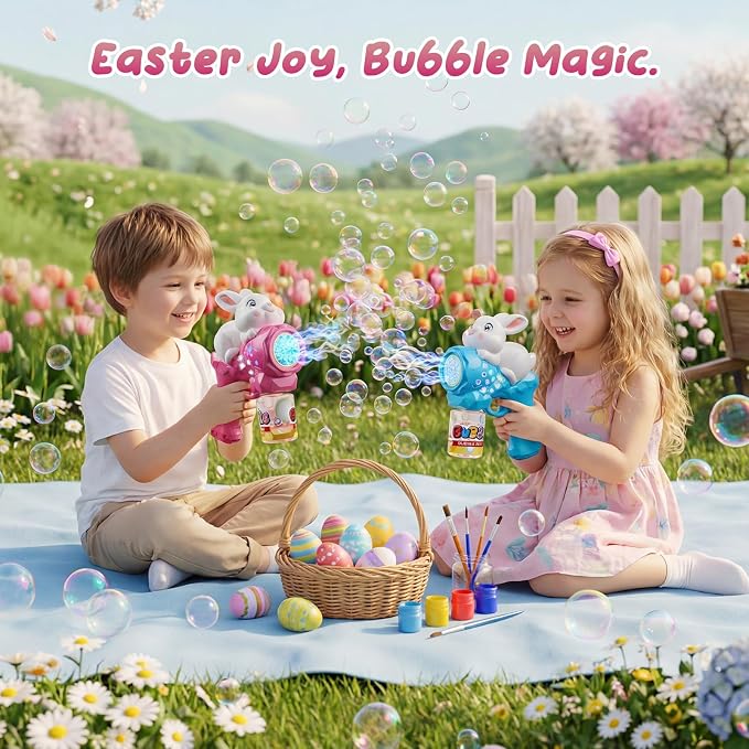 2 Pack Bubble Gun for Kids, Rabbit Bubble Machine for Toddler with LED Lights, 12000+ Bubble/Min, 360° Leak-Proof Bubble Blower Blaster Toy, Outdoor Summer Play, Easter, Wedding & Birthday Gifts
