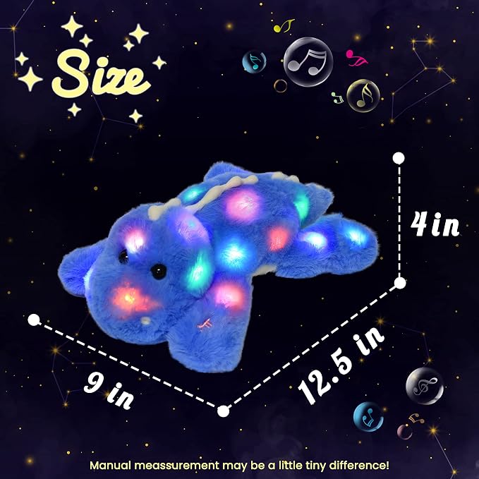 Hopearl LED Musical Stuffed Dinosaur Lighting Up Singing Soft Floppy Plush Toy Adjustable Volume Lullaby Animated Soothe Birthday Gifts for Kids Toddlers, Blue, 12.5''