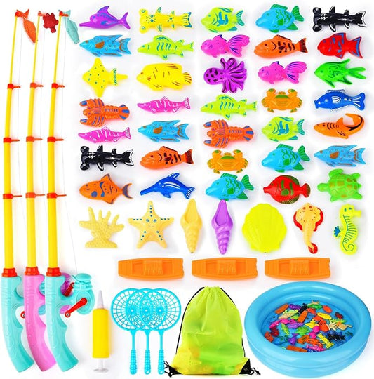 FIVEDAOGANG Magnetic Fishing Game 45 PC Ocean Sea Floating Fish Colorful Animals with Net Portable Storage Bag | Kiddie Pool Bathtub Game for Age 3 4 5 6 Year Kids Toddler(XX-Large Set)
