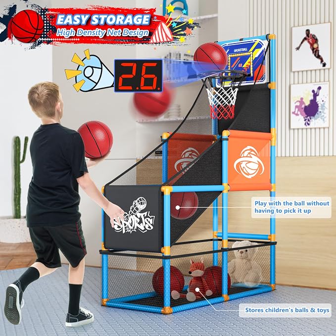 Handwell Arcade Basketball Game Set with Electronic Scoreboard&LED Light: Carnival Games Boy Toys Basketball Hoop Indoor Outdoor with 4 Balls & Air Pump Ideal Sports Toy Gifts for Kids 3-12 Years Old