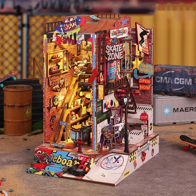 Miniature Book Nook Kit Cyberpunk Street Graffiti Skateboard DIY 3D Wooden Booknook for Adults and Book Lovers Bookshelf Insert Decor Creative Gift for Family Friends and Elderly