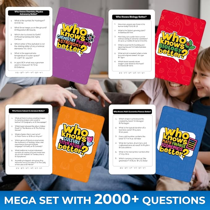 QUOKKA Board Games for Kids 8-12 – Set of 4 Family Card Games for Kids and Adults – Trivia Cards for Family Game Night – Who Knows It Better – 2000+ Questions Across Biology, Culture, STEM and Math