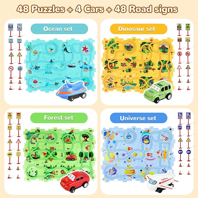 YOOYID Puzzle Racer Kids Car Track Set, Kids Toys Boys 3-5, Toys for 3 4 5 6 Year Old Boys, Toys for Ages 3-4, Montessori Toys for 3+ Year Old, (100Pcs, 4 Themes)