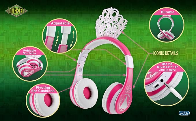 Wicked Glinda Bluetooth Headphones for Kids, Wireless Headphones for School, Home or Travel