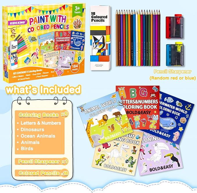KIDS KING Coloring Book Kit, 5 Themes: Letters & Numbers | Animals | Ocean | Dinosaurs | Birds, Contains Colored Pencils Cute Styles for Painting, Arts & Crafts for Adults and Teens