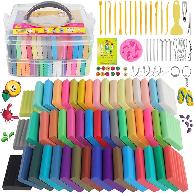 Non-Toxic Polymer Clay 50 Colors, Oven Bake Modeling Clay Kit, DIY Crafts | Ideal for DIY jewelry, miniatures, keychains, & home decor. Perfect for kids , teens, adults, craft beginners & pros