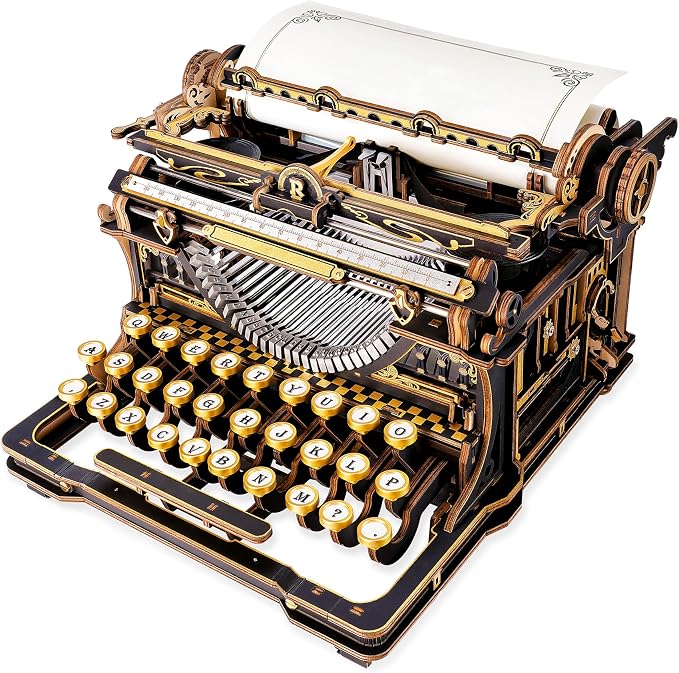 ROBOTIME 3D Wooden Vintage Typewriter Puzzle, Mechanical Moving Model LK703B, Functional Simulated Typing, Retro Desk Home Decor, Challenging Handcraft Gift for Adults Hobbyists 320 PCS