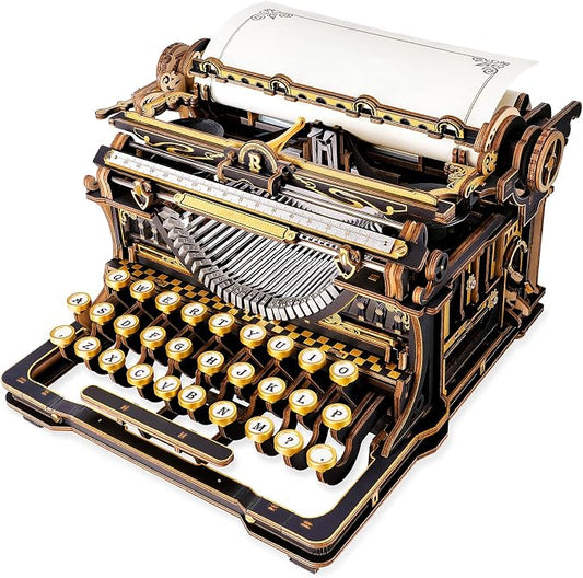 ROBOTIME 3D Wooden Vintage Typewriter Puzzle, Mechanical Moving Model LK703B, Functional Simulated Typing, Retro Desk Home Decor, Challenging Handcraft Gift for Adults Hobbyists 320 PCS