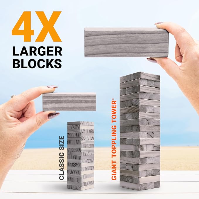 GoSports Giant Wooden Outdoor Stacking Game – Stacks Up to 3 ft – Large Toppling Tower with Case for Yard Games, Family Game Night, Camping, and Parties