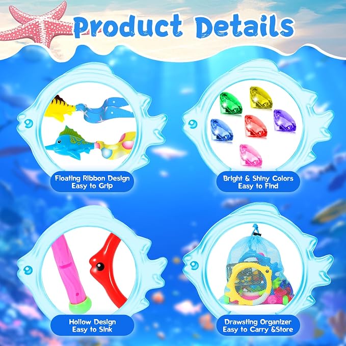 VGOFUN Diving Pool Toys for Kids Ages 3-12, Swimming Pool Toys Water Sinking Toys with Diving Gem Pirate Treasure Chest, Mermaid Toys, Dive Rings Sticks Torpedo Storage Bag for Summer Party Favor
