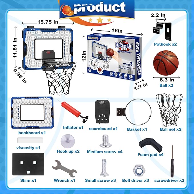 Indoor Basketball Hoop for Kids Age 5-10, Mini Basketball Hoop Over The Door Basketball Hoop with Electronic Scoreboard & 3 Balls - Door Basketball Hoop Indoor for Gift for Boys Age 5-10