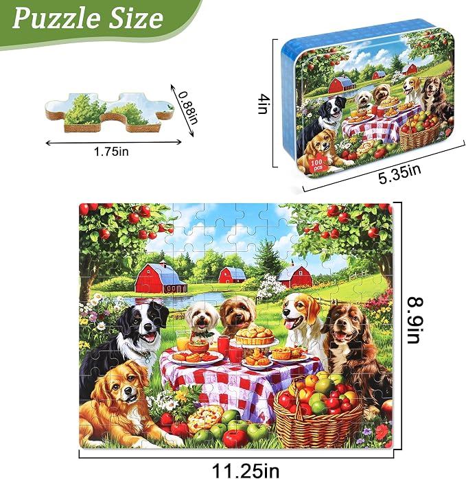 MZZOTOY Puppy Dogs Animal Picnic Puzzles for Kids Ages 4-8, 100 Pieces Jigsaw Puzzles for Kids Ages 3-5 Puzzle for Girls and Boys Learning Educational Puzzles Toys in a Metal Box