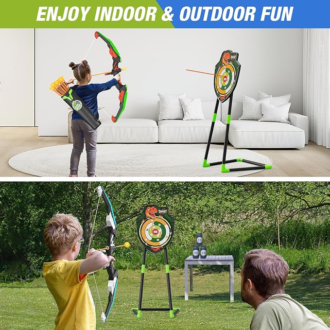 HYES 2 Pack Bow and Arrow for Kids, LED Light Up Archery Set with 24 Suction Cup Arrows, 1 Standing Target, 6 Score Targets & 2 Quiver, Indoor Outdoor Sport Gifts for Boys Girls Ages 4-8