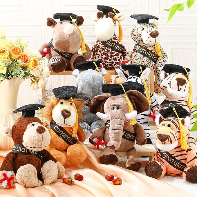 HyDren 10 Pieces 9 Inches Graduation Safari Stuffed Animals Set Plush Safari Stuffed Animal Elephant Giraffe Lion Tiger Monkey Rhinoceros Zebra Leopard Hippo for 2026 Graduation Party Favors Gifts