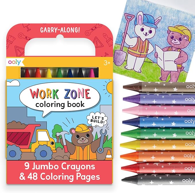 Ooly Kids Travel Activity Kit – 9 Jumbo Crayons & 48 Coloring Pages, Car Crafts for Kids, Mess-Free Road Trip Art Set, Airplane Activities – Work Zone