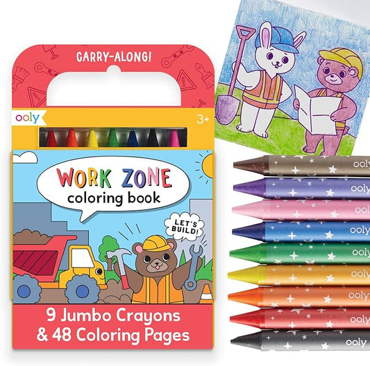 Ooly Kids Travel Activity Kit – 9 Jumbo Crayons & 48 Coloring Pages, Car Crafts for Kids, Mess-Free Road Trip Art Set, Airplane Activities – Work Zone