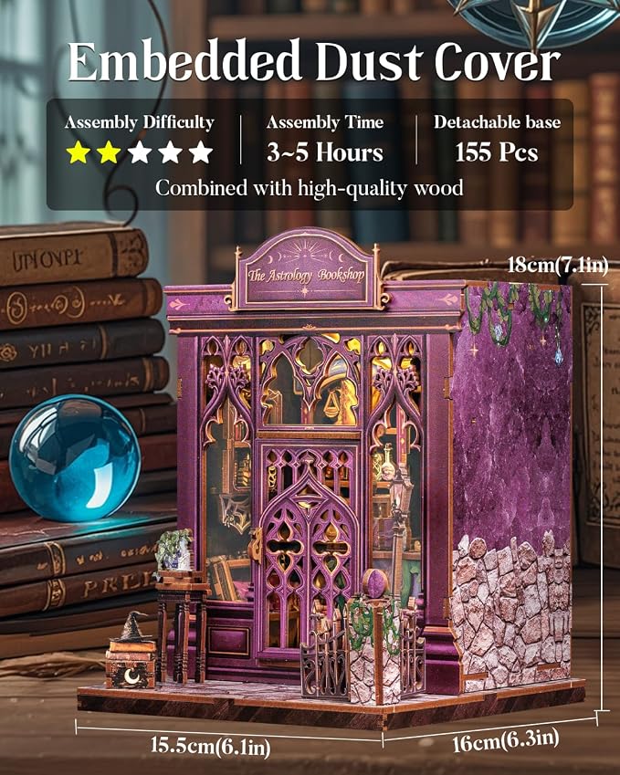 Cutefun Book Nook Kit - DIY Miniature Dollhouse Booknook Kit for Adults and Teens, 3D Wooden Puzzle Bookshelf Insert Decor with LED Light, Gifts for Book Lovers and Beginners (The Astrology Bookshop)