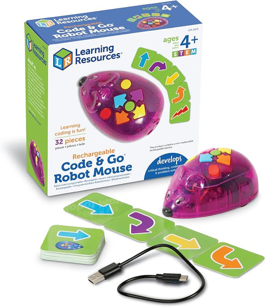 Learning Resources Rechargeable Code & Go Robot Mouse, Rechargeable Robot Toy, STEM Programming for kids, Early Coding for Kids 5-7
