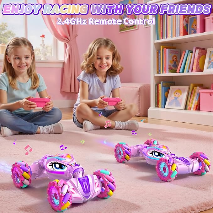 Unicorn Remote Control Car for Girls Age 6-8-12, Pink RC Gesture Sensing Stunt Cars, 2.4Ghz 4WD RC Cars Hand Controlled Remote Control Twist Car with Light & Music, Gift for Kids Age 6 7 8 9 10 11 12+
