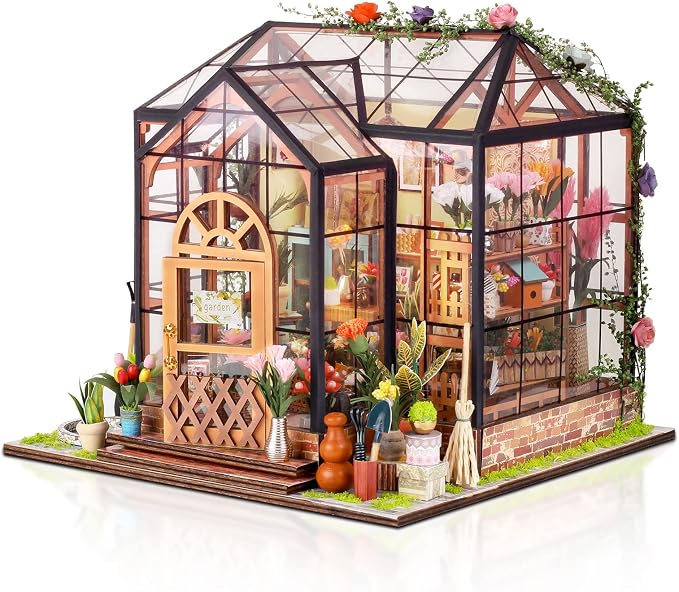 GuDoQi DIY Miniature Dollhouse Kit, Tiny House with Furniture, 1:24 Scale, Handmade Gift for Birthday Christmas Day, Jenny Greenhouse Flower Shop