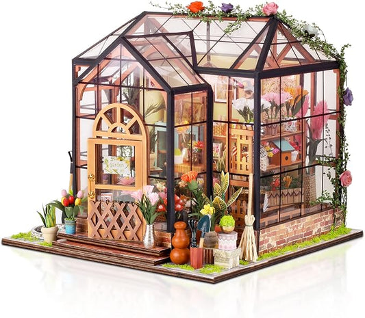 GuDoQi DIY Miniature Dollhouse Kit, Tiny House with Furniture, 1:24 Scale, Handmade Gift for Birthday Christmas Day, Jenny Greenhouse Flower Shop