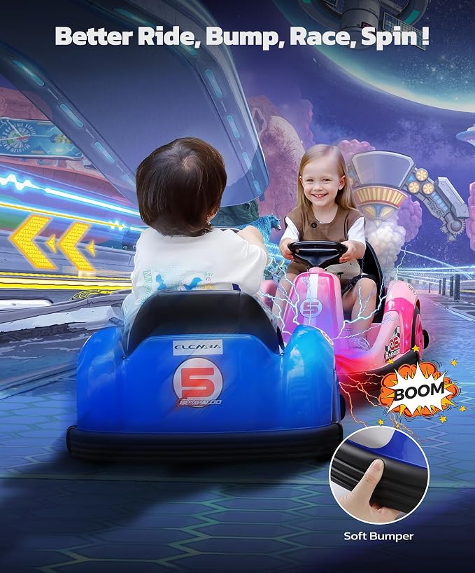 ELEMARA Bumper Cars for Toddlers with Big Wheel,2.2 Mph Max,12v Electric Ride On Toys with Remote Control, 360 Degree-Spin Baby Bumper Car with DIY Stickers, Bluetooth, Music, LED Light, Navy Blue