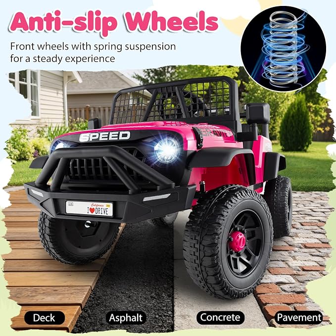 Costzon Ride on Truck, 24V Ride on Toys for Kids, Electric Vehicle with Parent Remote Control, Music, Horn, LED Headlights & Spring Suspension, Kids Car for Boys & Girls Aged 3+ (24V,Pink)