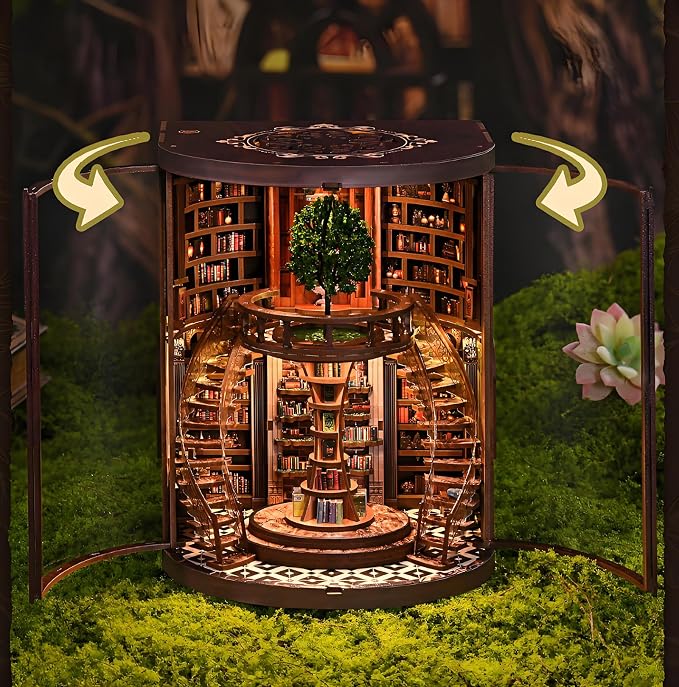 Book Nook Kits for Adults Fantasy 3D Puzzle Library Booknook Kit with Dust Cover Wisdom Book Repository Round Bookshelf Decor Wooden DIY Spiral Staircase Miniature Dollhouse Book House