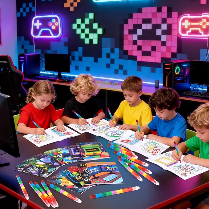 BenLouis 24 Pcs Video Game Mini Coloring Books Kids Gaming Party Favors Small Activity Books Bulk for Kids Boys Neon Game Level Up Goodie Bags Stuffers Return Gifts Classroom Travel