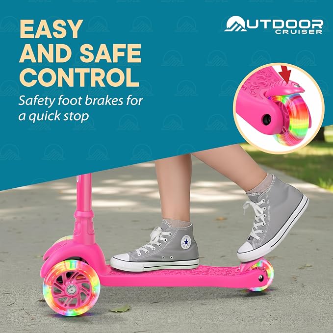 Outdoor Cruiser 3-Wheel Kids Scooter – with Lean-to-Steer Technology, Wide Deck, Led Lighted Wheel, 4-Level Adjustable Height T-bar Handle, Support Kids Up to 150 Lbs, for Boys & Girls Ages 3-8, Pink