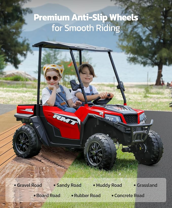 ELEMARA 24V Ride on Toy for Big Kid,Ride on Car 2 Seater w/Sun Shade,Dump Bed & Shovel,4.5MPH,4WD Electric Car for Kids,Battery Car w/Remote,Kids Ride on Truck,3 Speed,LED Lights,Bluetooth, Ruby