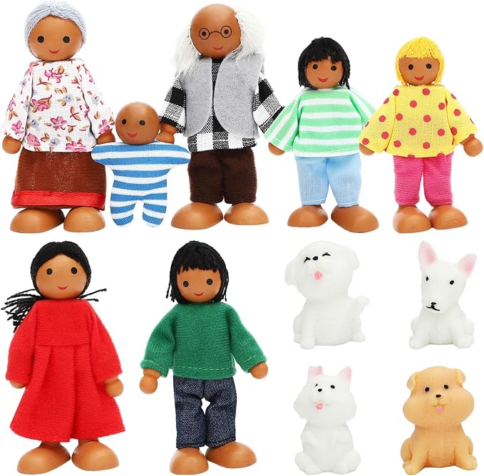 ONEST 11 Pieces Wooden Dollhouse Family Set Mini People Figures Sets Dollhouse Dolls Wooden Doll Family Pretend Play Figures Accessories for Pretend Doll House Toy