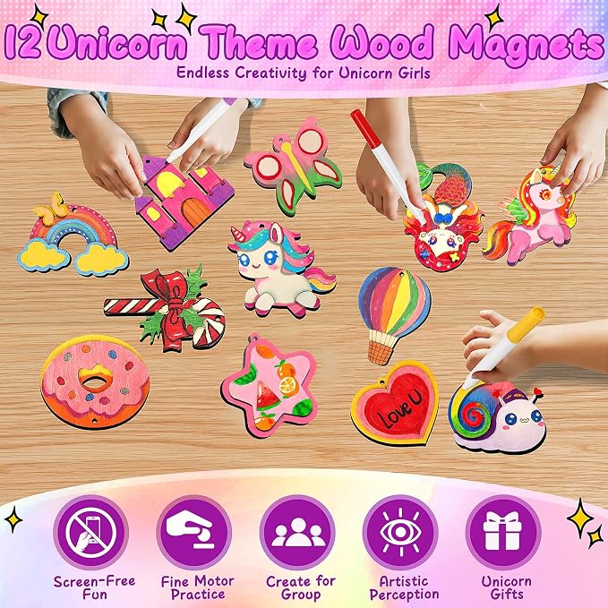 12 DIY Unicorn Wooden Magnets - Arts Crafts Painting Kits For Kids, Creative Art Supplies Paint Gift For Birthday Party Favors Family Easter Crafts Decorations Unicorn Toys For Girls Boys Ages 4-12