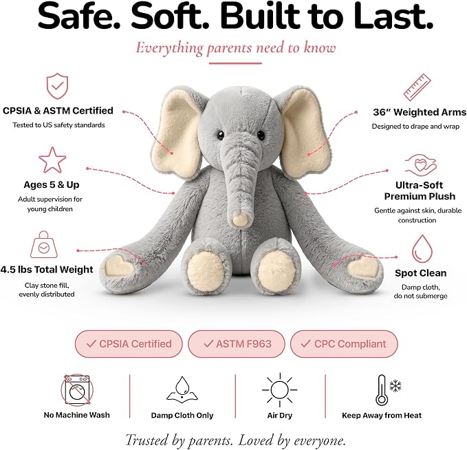 Huggle Healers Weighted Stuffed Animals for Adults, Teens and Kids - 36 Inch Long Plush Arms for Hugs - 4.5lb Elephant Stuffed Animal Plushies - Hathi Elephant