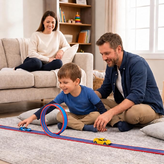 Flexible Race Track for Kids – Friendly Racing Competition, Double-Sided 1 & 2 Lane Track, Red - Blue Track, Roll-Up Design with Anchors, Build, Race & Win Fun, (No Cars Included)