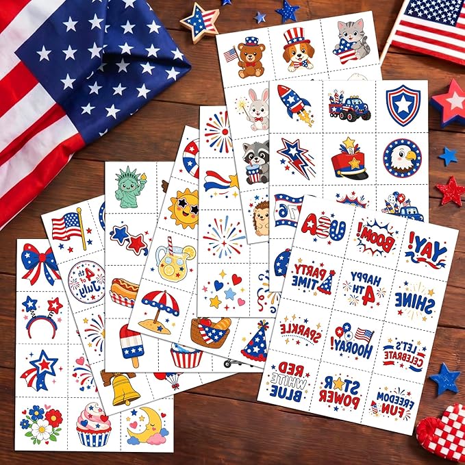 JCFIRE 4th of July Temporary Tattoos for Kids Adults, Cute Independence Day Fake Tattoos Stickers, Fourth of July Red White and Blue 4th of July Accessories for Women Girls Party Favors