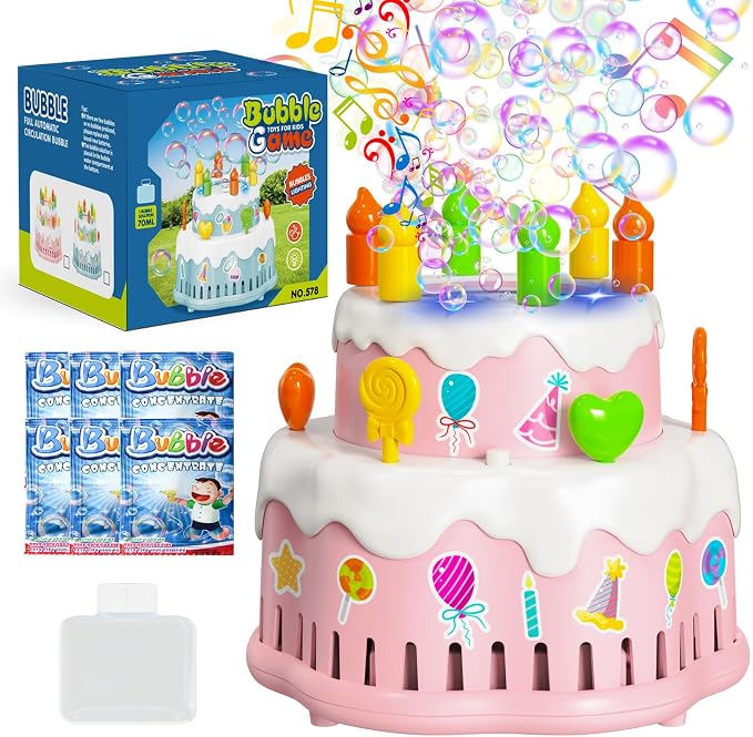 Panamalar Birthday Cake Bubble Machine, Automatic Bubble Blower Machine for Kids Toddlers with Music/Lights/Solution,10000+ Bubble/Min 13 Holes Bubble Maker Toys for Outdoor Birthday Wedding Gift