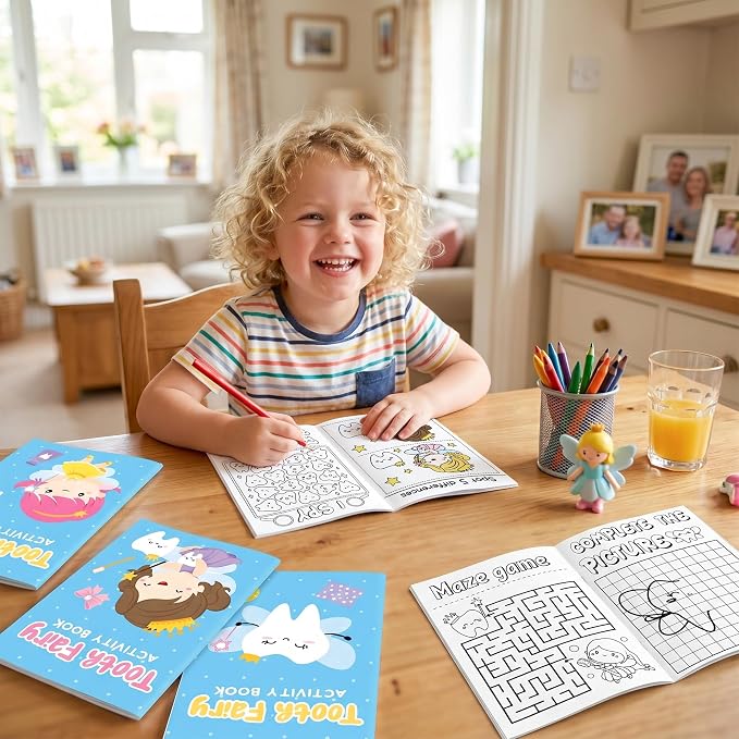 Tooth Fairy Activity Books for Kids - 24Pcs Cute Tooth Fairy Mini Games Coloring Book Set Bulk Cartoon Novelty Tooth Themed Mazes Word Search Word Scramble Games for Classroom DIY Art Gift Party Favor