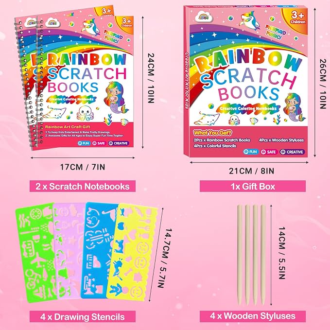 ZMLM Scratch Paper Art Craft: 2 Pack Rainbow Scratch Set for 3 4 5 6 7 8 9 10 Years Old Girls Boys Students Drawing Coloring Black Magic Art Supplies Kits Gifts School Birthday Party Toys (Mermaid)