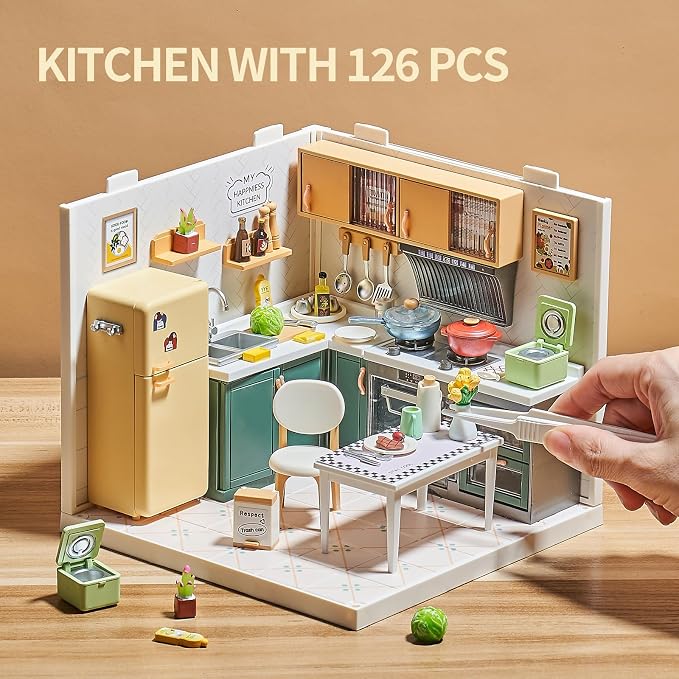 Miniature Kitchen DIY House Kit – 126Pcs Cooking Room Furniture Set with Plug-in LED Light & Modular Base, 1:24 Scale Model for Kids 8+, Teens & Hobbyists
