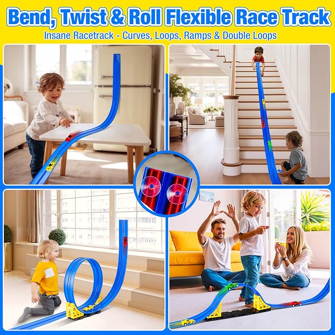 Flex Tracks 16.4 Ft Flexible Race Track for Kids Portable DIY Roll-Up Race Car Track Compatible with Diecast 1/64th Cars Birthday Gifts Easter Basket Stuffers for Kids for Boys Girls Ages 3+