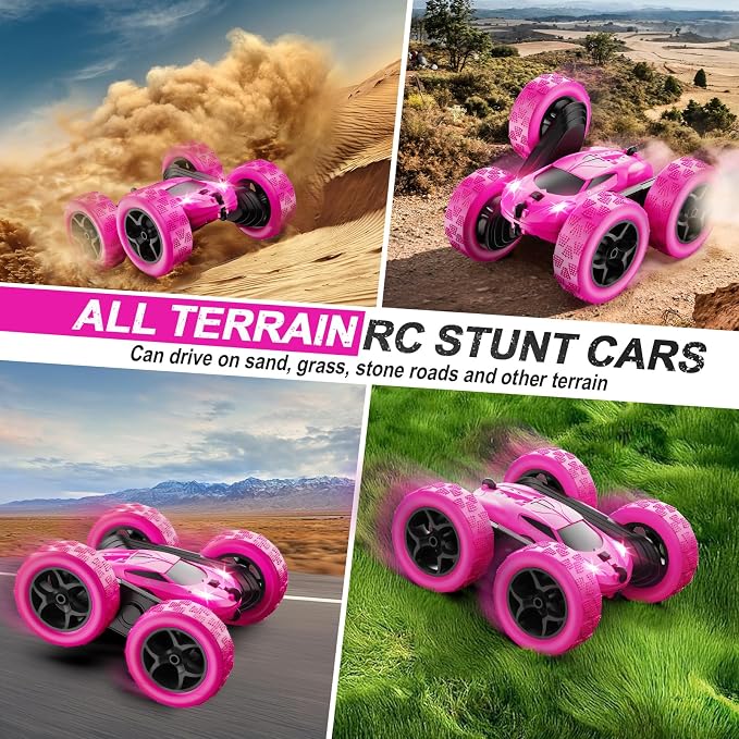 QUNREDA RC Cars, Rose Remote Control Car for Girls, 2.4 GHZ Double Sided RC Stunt Car 360° Rotating Remote Control Crawler with Headlights Car Toys for 6 7 8 9 10 11 12 Girls Birthday Gift