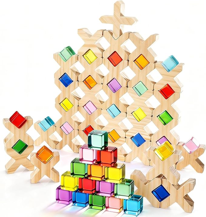 Woodtoe Wooden Building Blocks for Kids, 48 PCS Rainbow Acrylic Gem Cubes Blocks - 32 Wooden Blocks, Montessori Stacking Toy for Toddlers, Educational STEM Learning Sensory Toy Gifts for Boy Girl 3-6